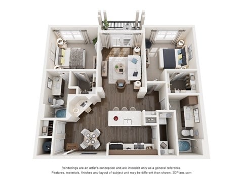 Floor plan for 2 beds, 2 baths, 1105 sqft